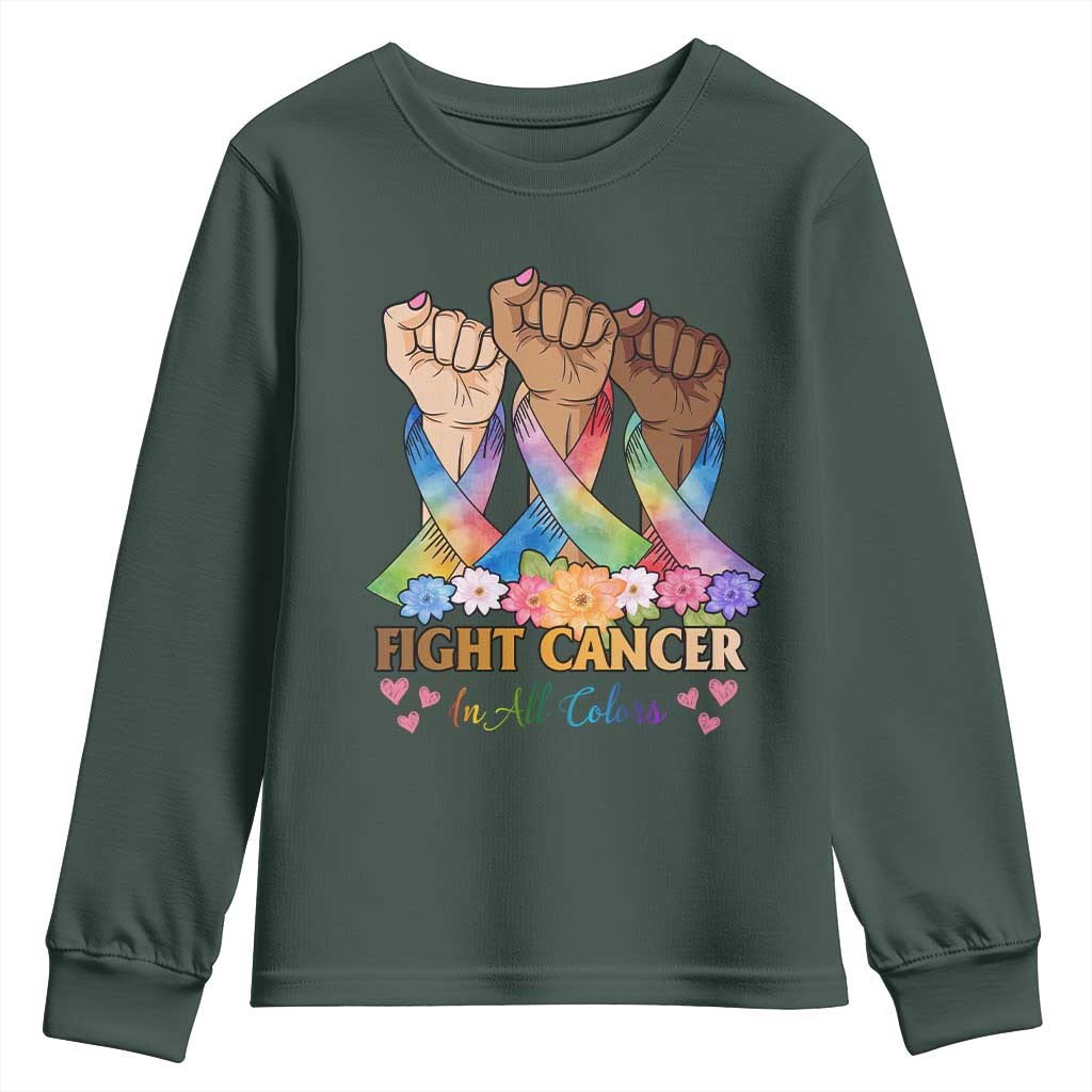 Funny All Cancer Awareness Youth Sweatshirt Fight Cancer In All Colors Colorful Ribbon TS11 Dark Forest Green Print Your Wear