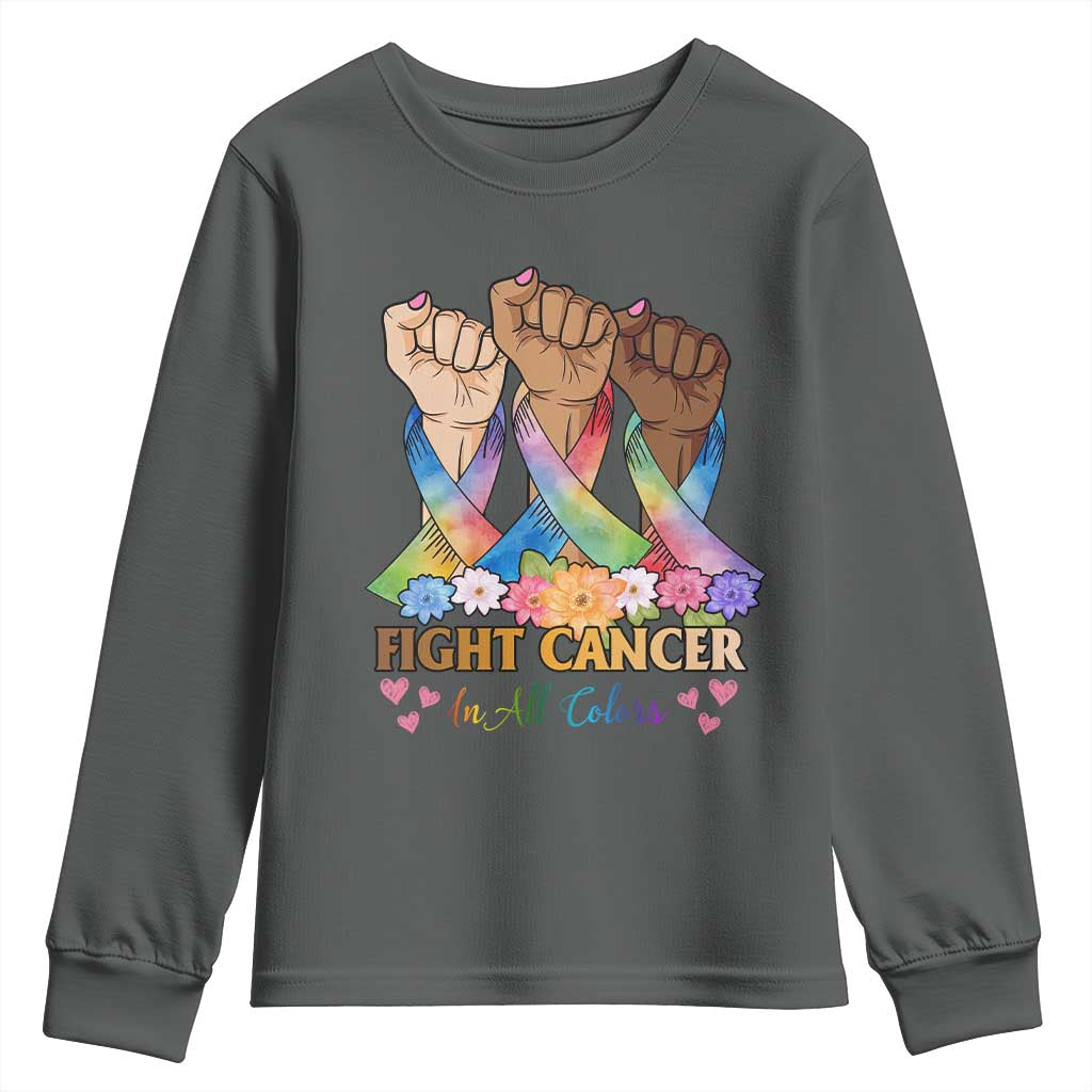 Funny All Cancer Awareness Youth Sweatshirt Fight Cancer In All Colors Colorful Ribbon TS11 Dark Heather Print Your Wear