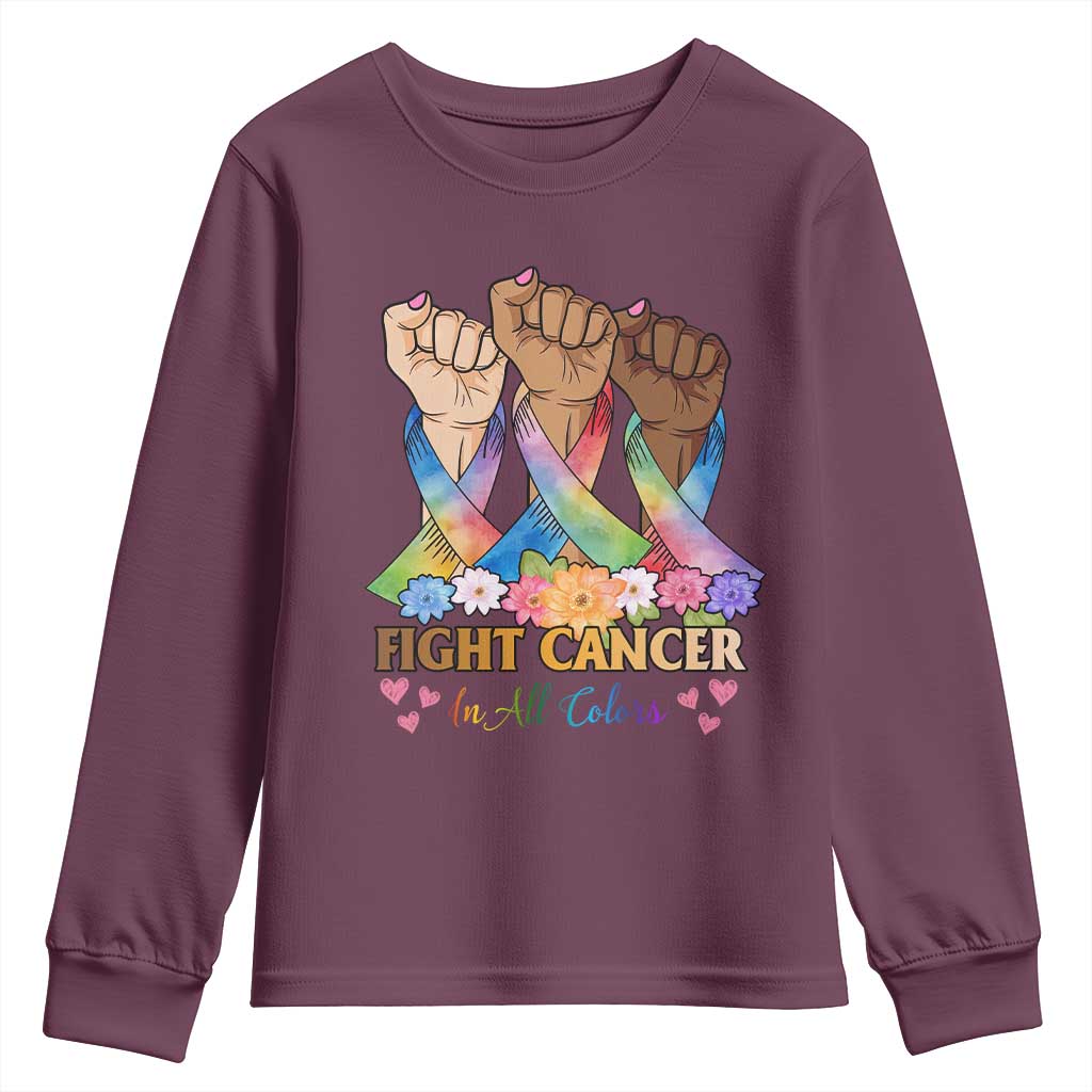 Funny All Cancer Awareness Youth Sweatshirt Fight Cancer In All Colors Colorful Ribbon TS11 Maroon Print Your Wear