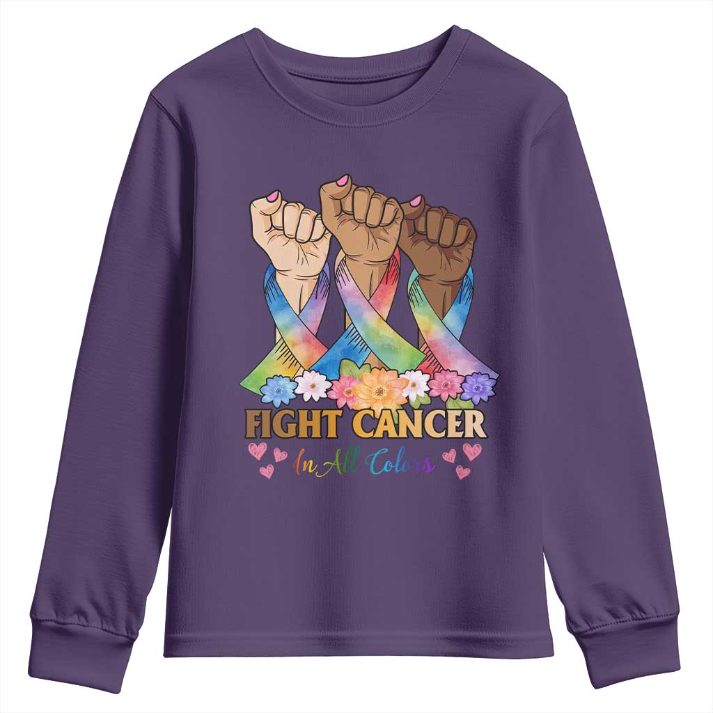 Funny All Cancer Awareness Youth Sweatshirt Fight Cancer In All Colors Colorful Ribbon TS11 Purple Print Your Wear