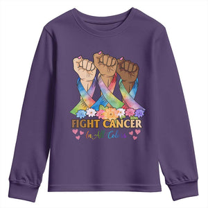 Funny All Cancer Awareness Youth Sweatshirt Fight Cancer In All Colors Colorful Ribbon TS11 Purple Print Your Wear