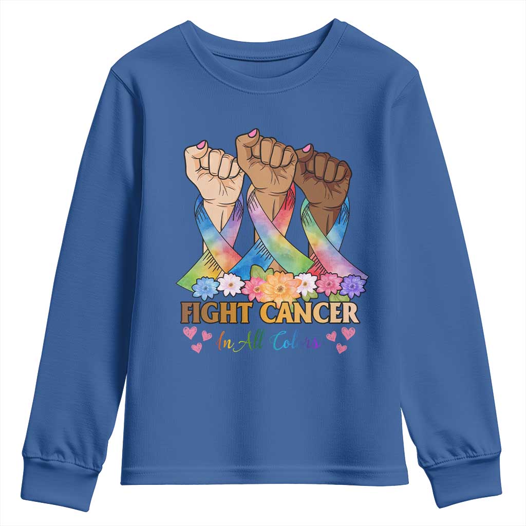 Funny All Cancer Awareness Youth Sweatshirt Fight Cancer In All Colors Colorful Ribbon TS11 Royal Blue Print Your Wear