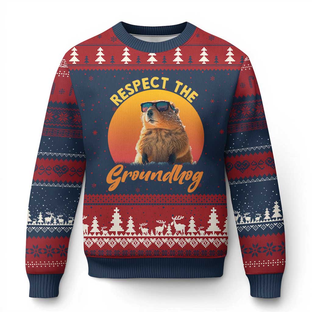 Funny Groundhog Day Ugly Christmas Sweater Respect The Groundhog Woodchuck TS11 Navy Red Print Your Wear