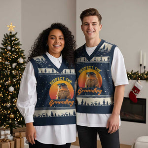 Funny Groundhog Day V-Neck Knit Sweater Vest Respect The Groundhog Woodchuck TS11 Navy Beige Print Your Wear