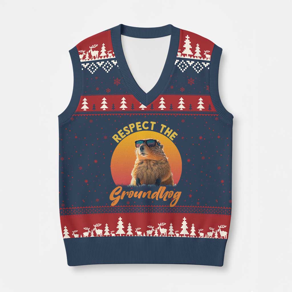 Funny Groundhog Day V-Neck Knit Sweater Vest Respect The Groundhog Woodchuck TS11 Navy Red Print Your Wear