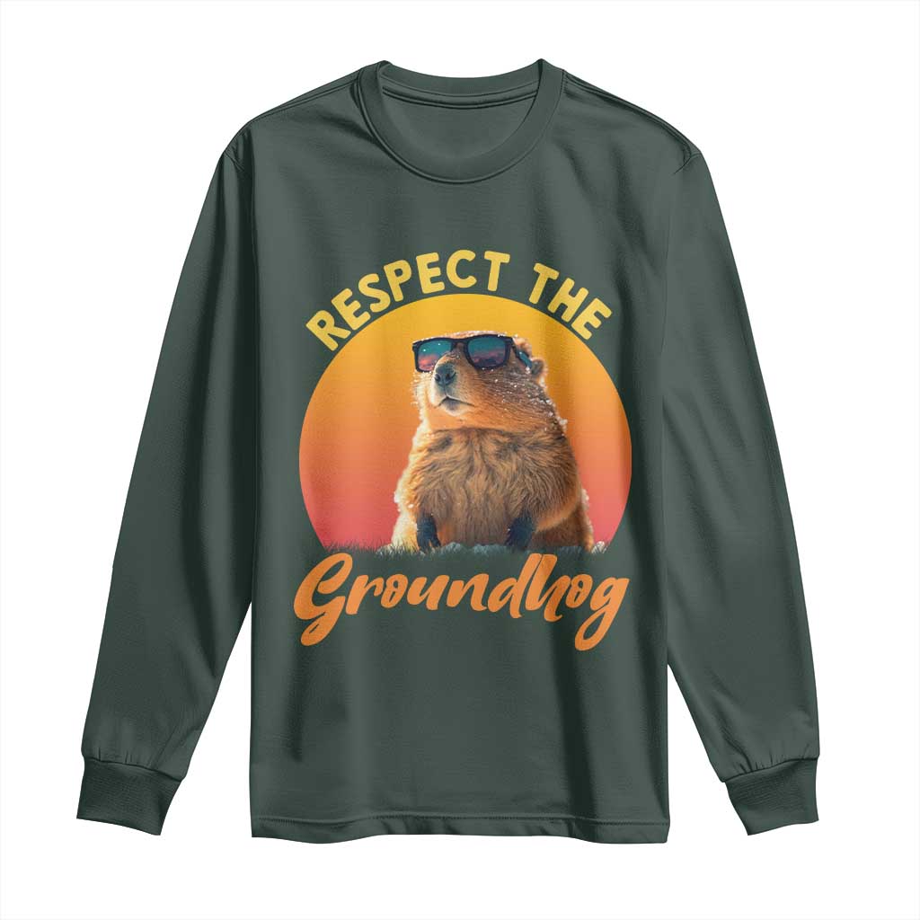 Funny Groundhog Day Long Sleeve Shirt Respect The Groundhog Woodchuck TS11 Dark Forest Green Print Your Wear