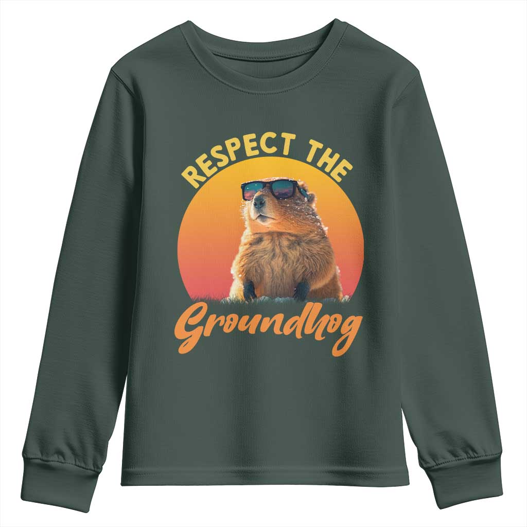 Funny Groundhog Day Youth Sweatshirt Respect The Groundhog Woodchuck TS11 Dark Forest Green Print Your Wear