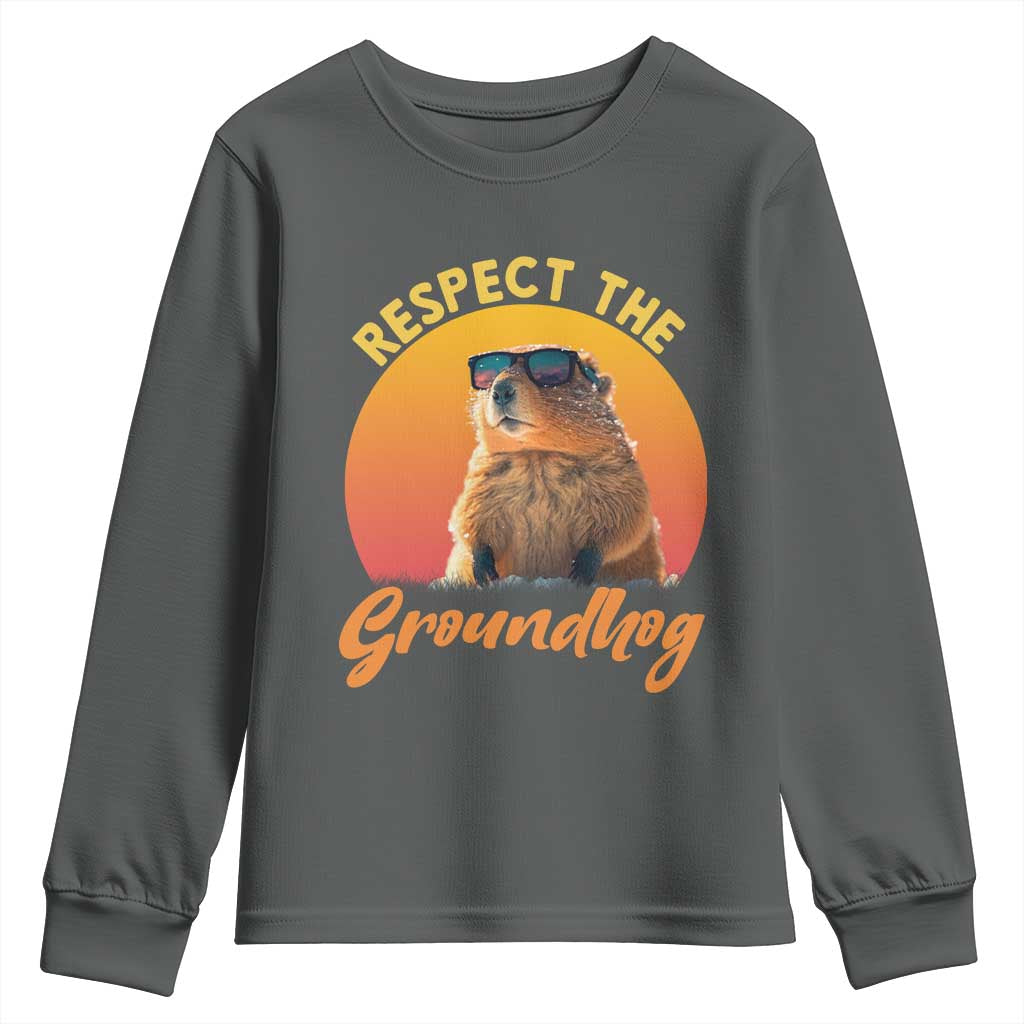 Funny Groundhog Day Youth Sweatshirt Respect The Groundhog Woodchuck TS11 Dark Heather Print Your Wear