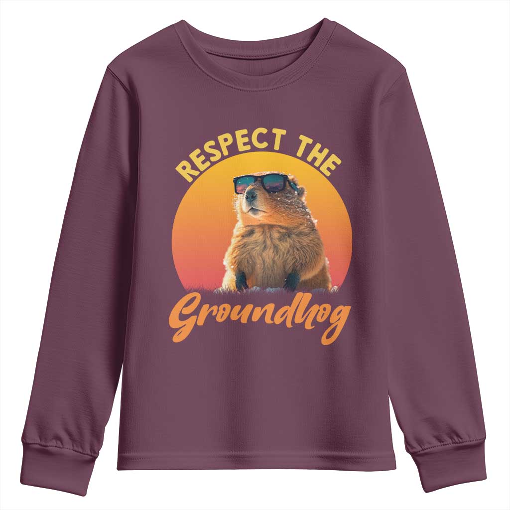 Funny Groundhog Day Youth Sweatshirt Respect The Groundhog Woodchuck TS11 Maroon Print Your Wear