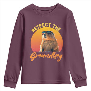 Funny Groundhog Day Youth Sweatshirt Respect The Groundhog Woodchuck TS11 Maroon Print Your Wear