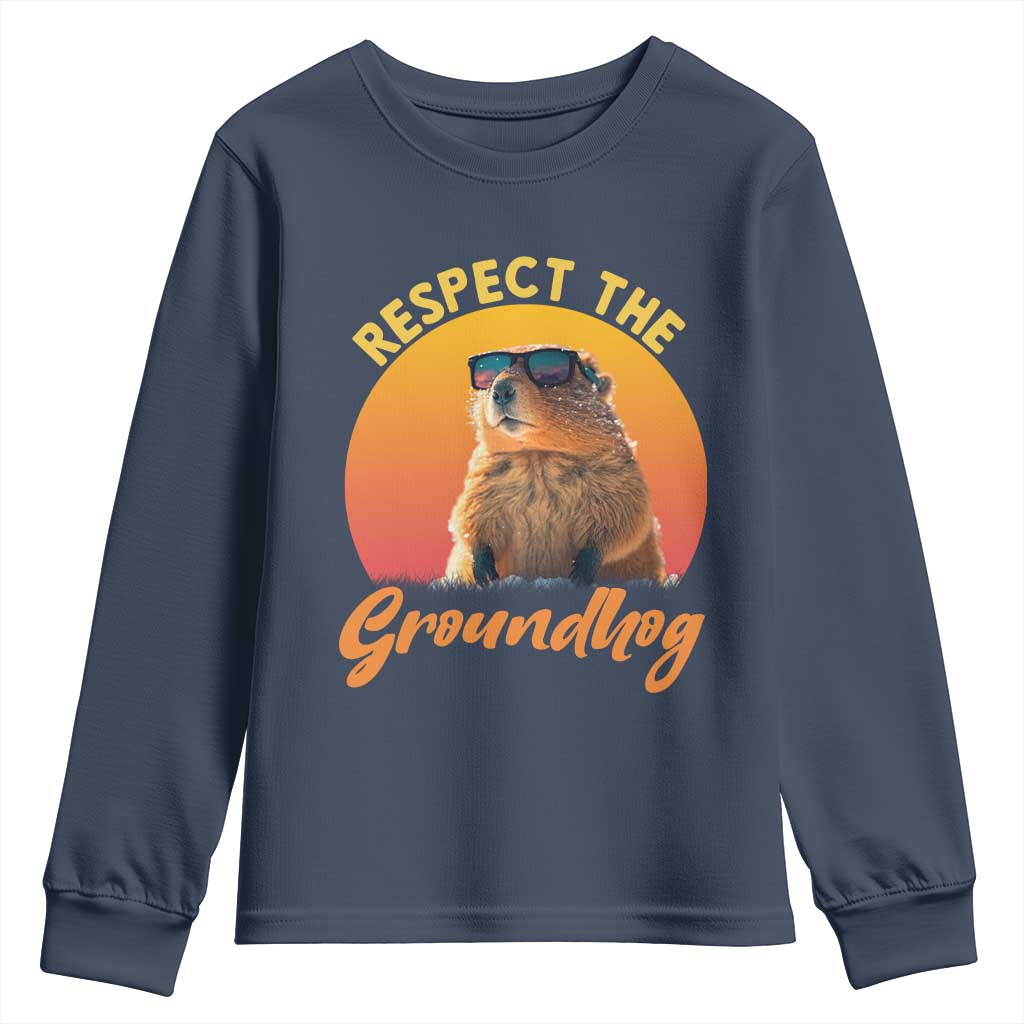 Funny Groundhog Day Youth Sweatshirt Respect The Groundhog Woodchuck TS11 Navy Print Your Wear