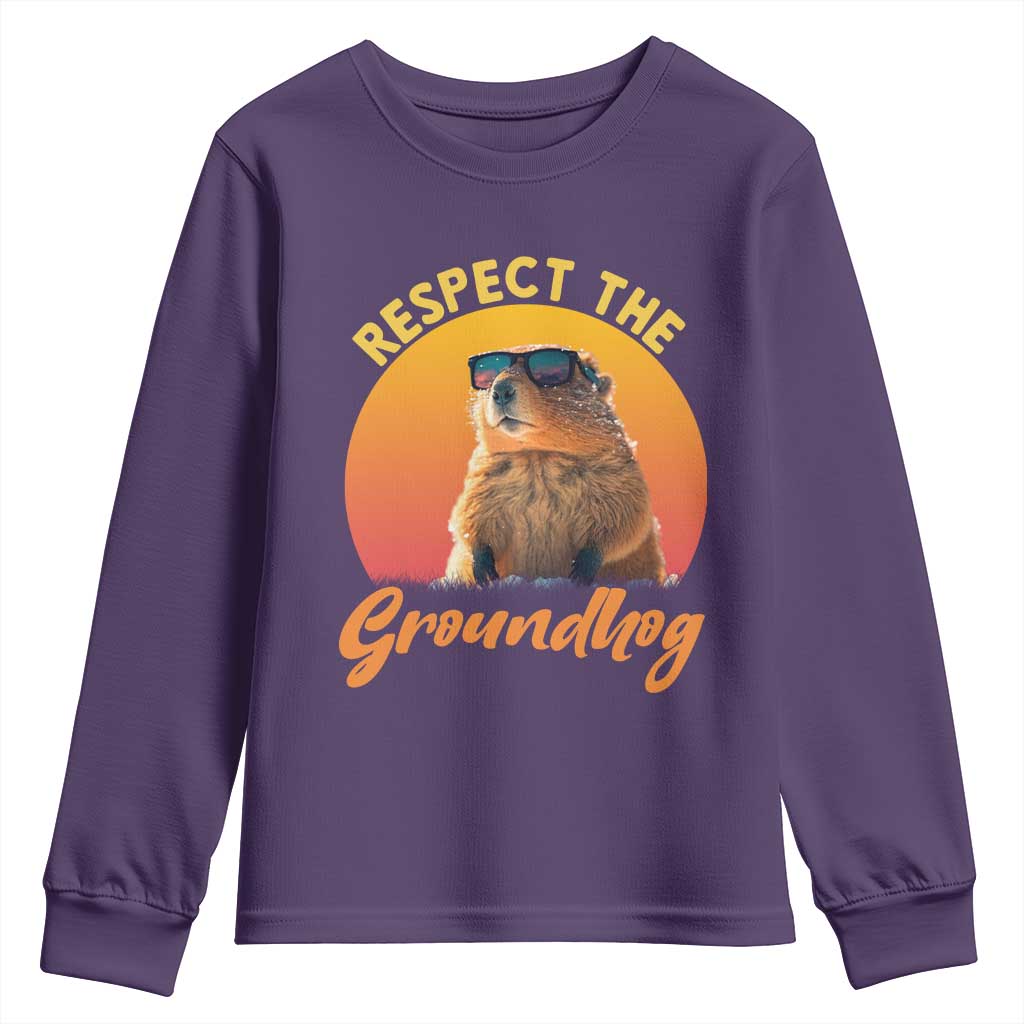 Funny Groundhog Day Youth Sweatshirt Respect The Groundhog Woodchuck TS11 Purple Print Your Wear