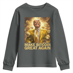 Funny Trump Bitcoin 2025 Youth Sweatshirt Make Bitcoin Great Again TS11 Dark Heather Print Your Wear
