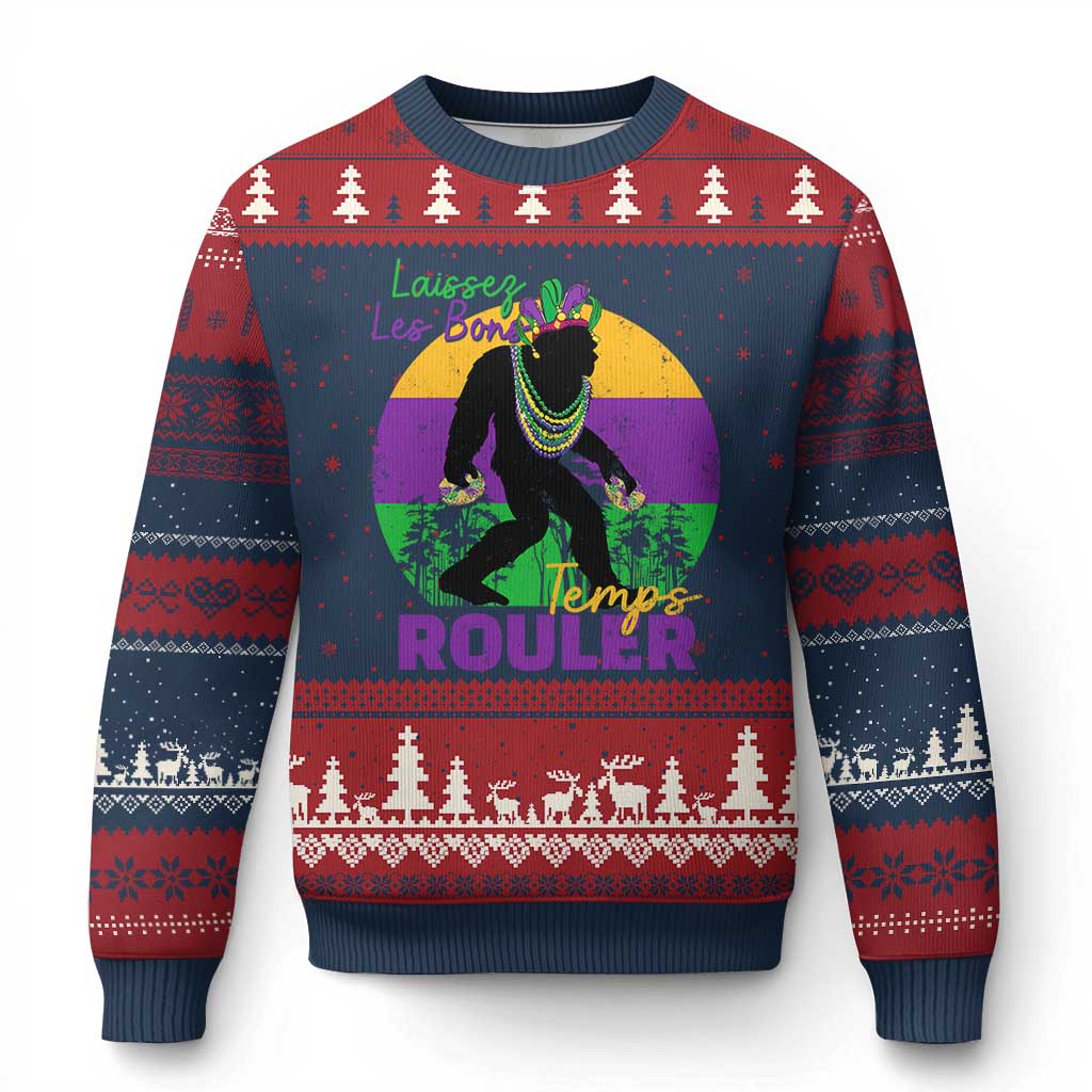 Funny Bigfoot Mardi Gras Ugly Christmas Sweater Laissez Les Bons Temps Rouler Bald Cypress TS11 Navy Red Print Your Wear