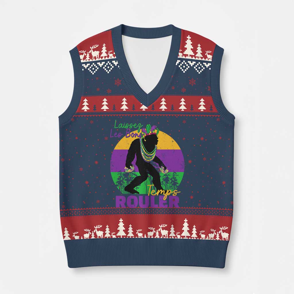 Funny Bigfoot Mardi Gras V-Neck Knit Sweater Vest Laissez Les Bons Temps Rouler Bald Cypress TS11 Navy Red Print Your Wear