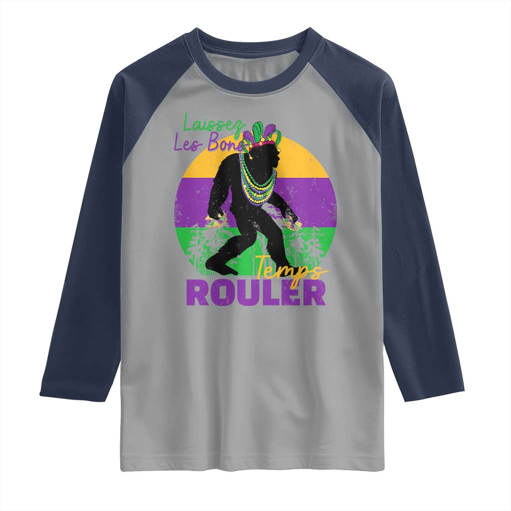 Funny Bigfoot Mardi Gras Raglan Shirt Laissez Les Bons Temps Rouler Bald Cypress TS11 Sport Gray Navy Print Your Wear