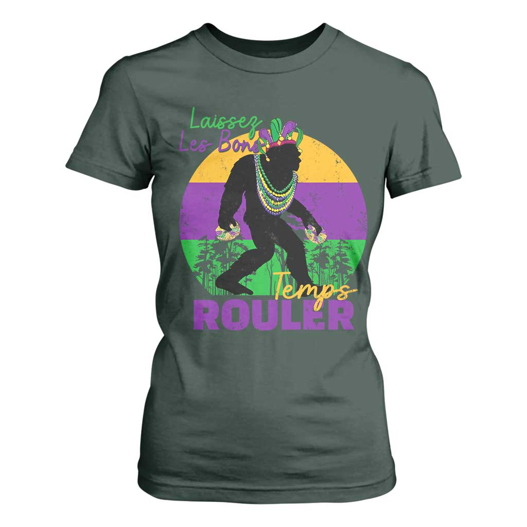 Funny Bigfoot Mardi Gras T Shirt For Women Laissez Les Bons Temps Rouler Bald Cypress TS11 Dark Forest Green Print Your Wear