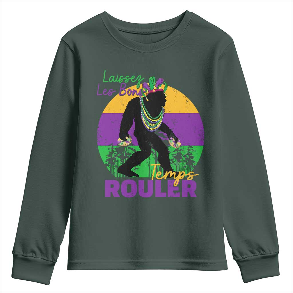 Funny Bigfoot Mardi Gras Youth Sweatshirt Laissez Les Bons Temps Rouler Bald Cypress TS11 Dark Forest Green Print Your Wear
