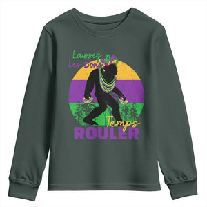 Funny Bigfoot Mardi Gras Youth Sweatshirt Laissez Les Bons Temps Rouler Bald Cypress TS11 Dark Forest Green Print Your Wear