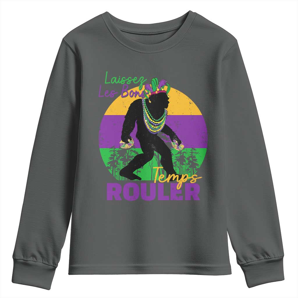 Funny Bigfoot Mardi Gras Youth Sweatshirt Laissez Les Bons Temps Rouler Bald Cypress TS11 Dark Heather Print Your Wear