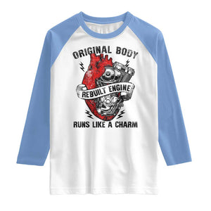 Funny Open Heart Surgery Recovery Survivor Raglan Shirt Original Body Rebuilt Engine Runs Like A Charm Mechanical Heart TS11 White Carolina Blue Print Your Wear