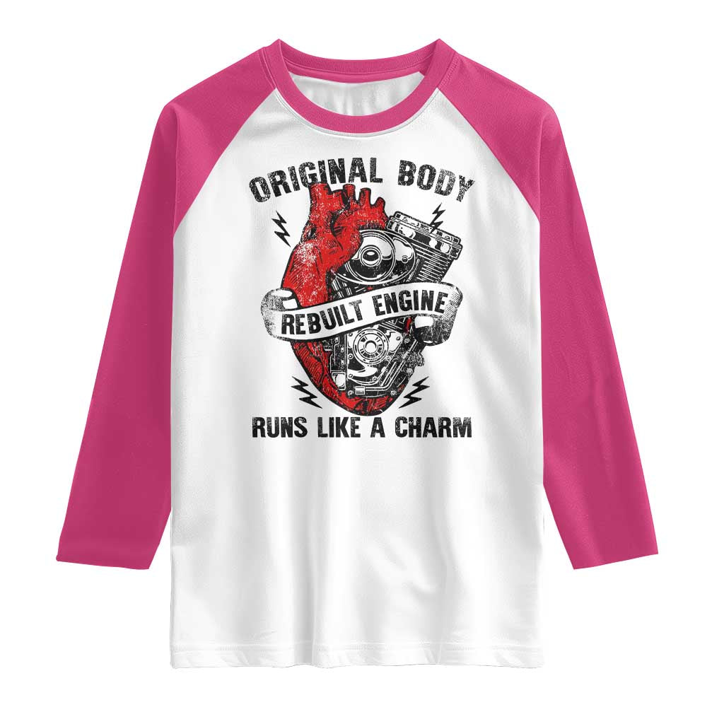 Funny Open Heart Surgery Recovery Survivor Raglan Shirt Original Body Rebuilt Engine Runs Like A Charm Mechanical Heart TS11 White Heliconia Print Your Wear