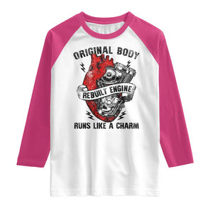 Funny Open Heart Surgery Recovery Survivor Raglan Shirt Original Body Rebuilt Engine Runs Like A Charm Mechanical Heart TS11 White Heliconia Print Your Wear