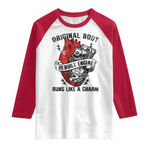 Funny Open Heart Surgery Recovery Survivor Raglan Shirt Original Body Rebuilt Engine Runs Like A Charm Mechanical Heart TS11 White Red Print Your Wear