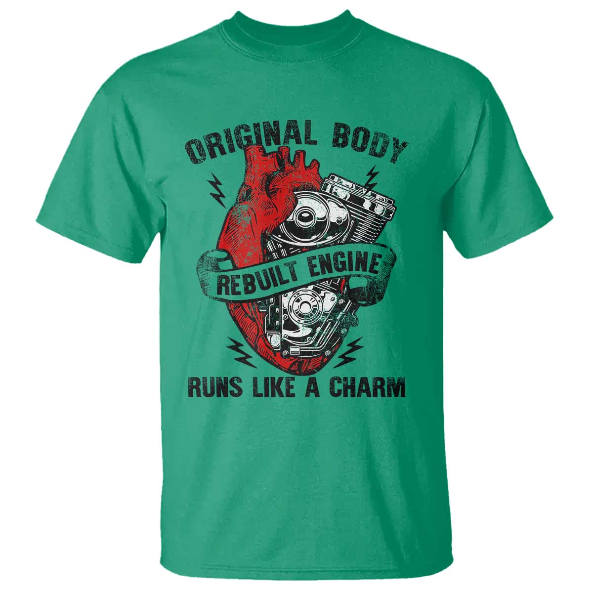 Funny Heart Surgery T Shirt - Original Body Rebuilt Engine Runs Like A Charm Mechanical Heart Humor Tee TS11 Irish Green Print Your Wear