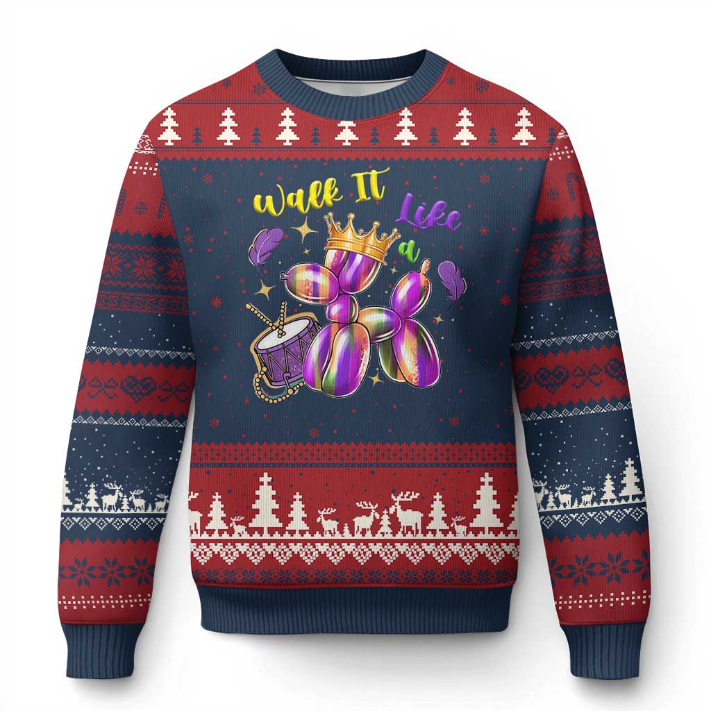 Funny Mardi Gras Ugly Christmas Sweater Walk It Like A Dog Balloon New Orleans TS11 Navy Red Print Your Wear