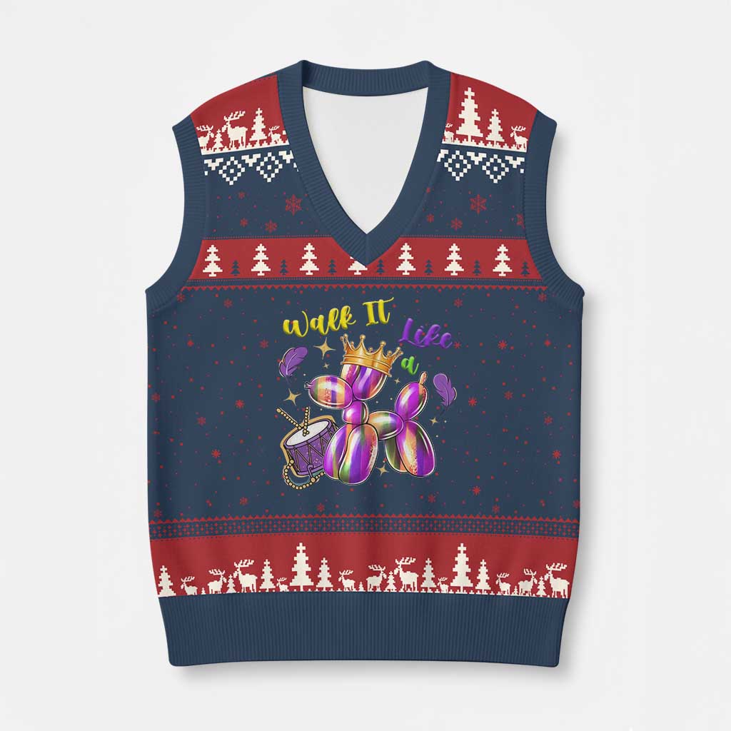 Funny Mardi Gras V-Neck Knit Sweater Vest Walk It Like A Dog Balloon New Orleans TS11 Navy Red Print Your Wear