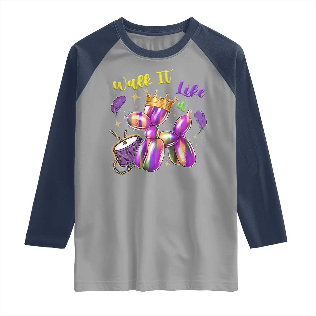 Funny Mardi Gras Raglan Shirt Walk It Like A Dog Balloon New Orleans TS11 Sport Gray Navy Print Your Wear