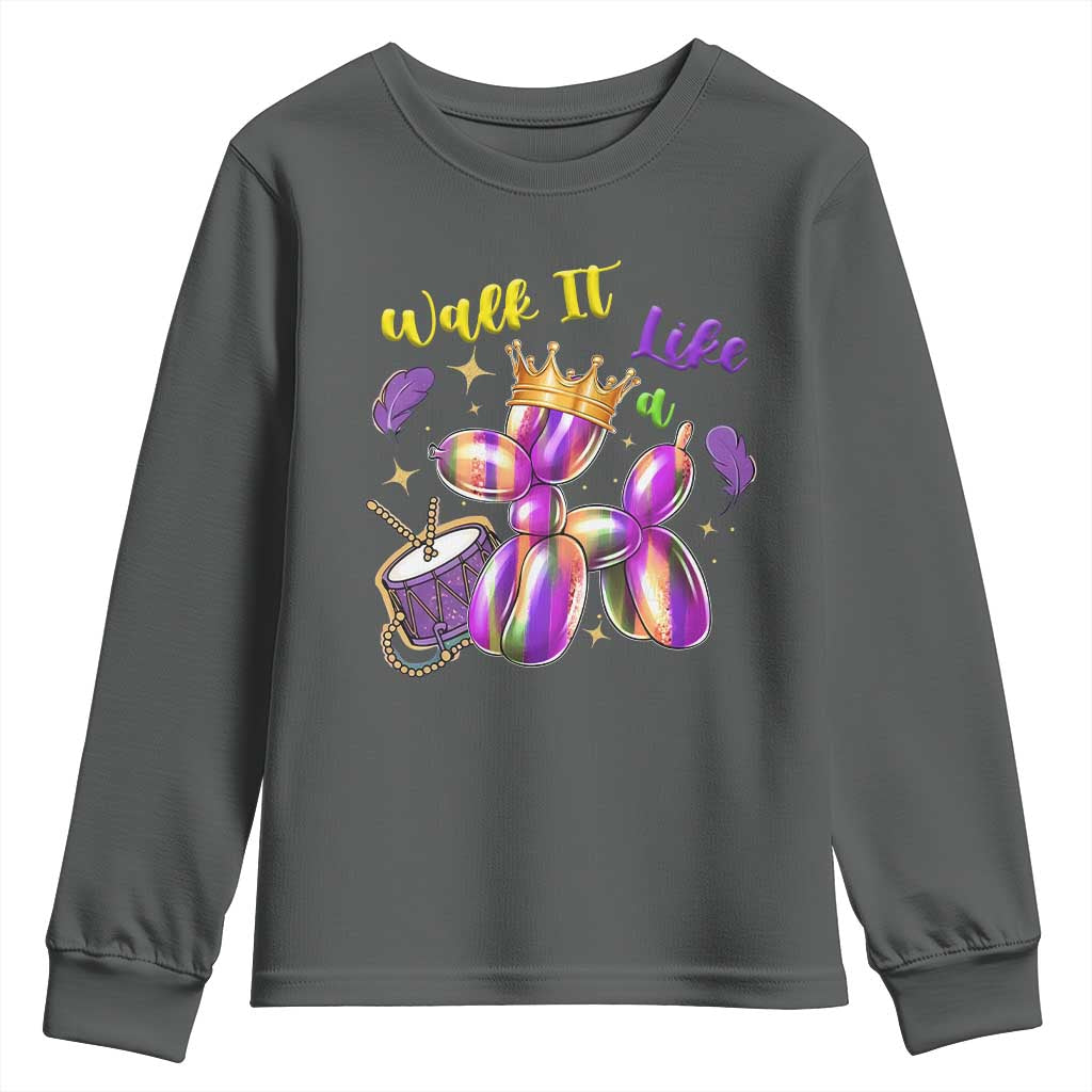 Funny Mardi Gras Youth Sweatshirt Walk It Like A Dog Balloon New Orleans TS11 Dark Heather Print Your Wear