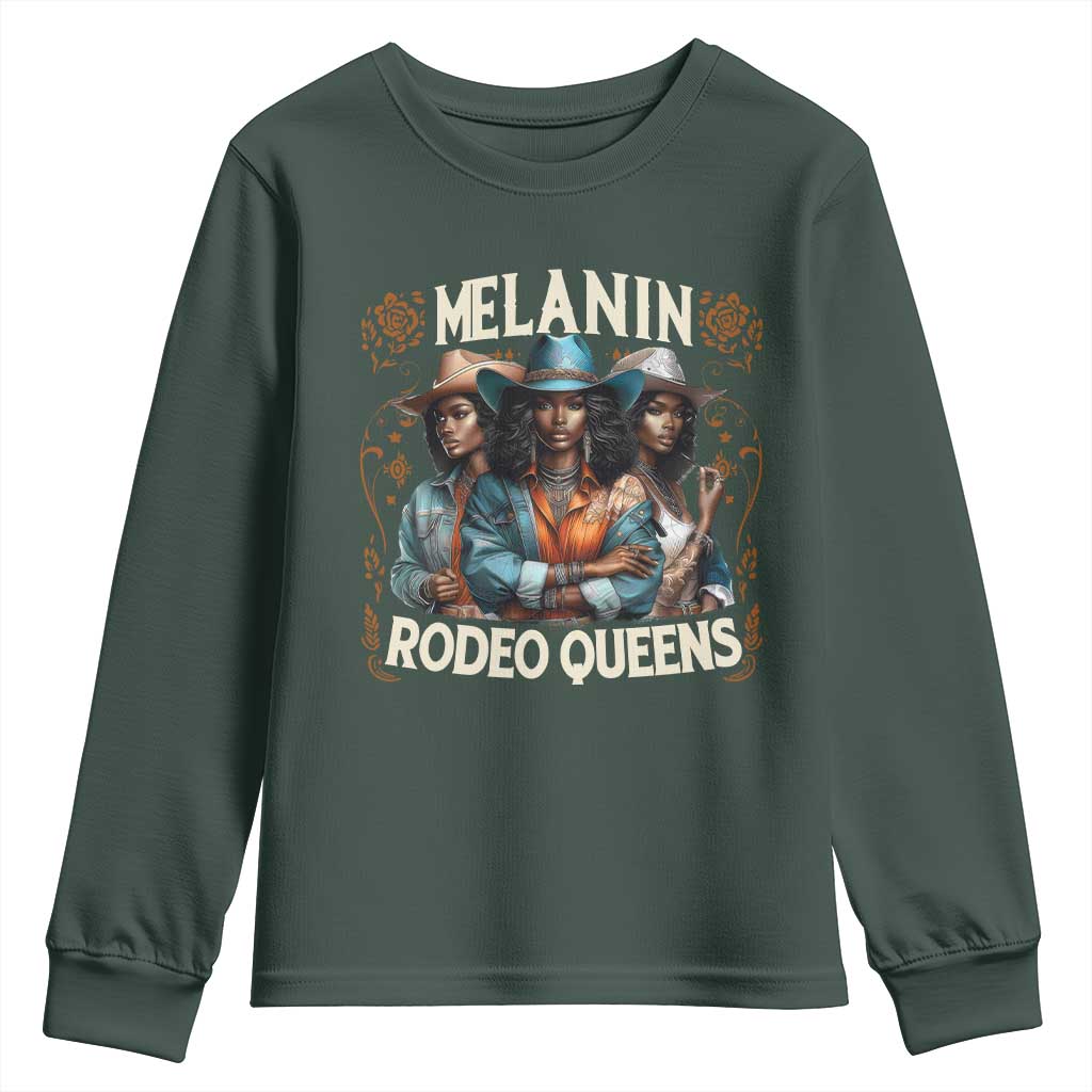 Melanin Rodeo Queen Youth Sweatshirt African American Melanin Black Cowgirl Swag TS11 Dark Forest Green Print Your Wear