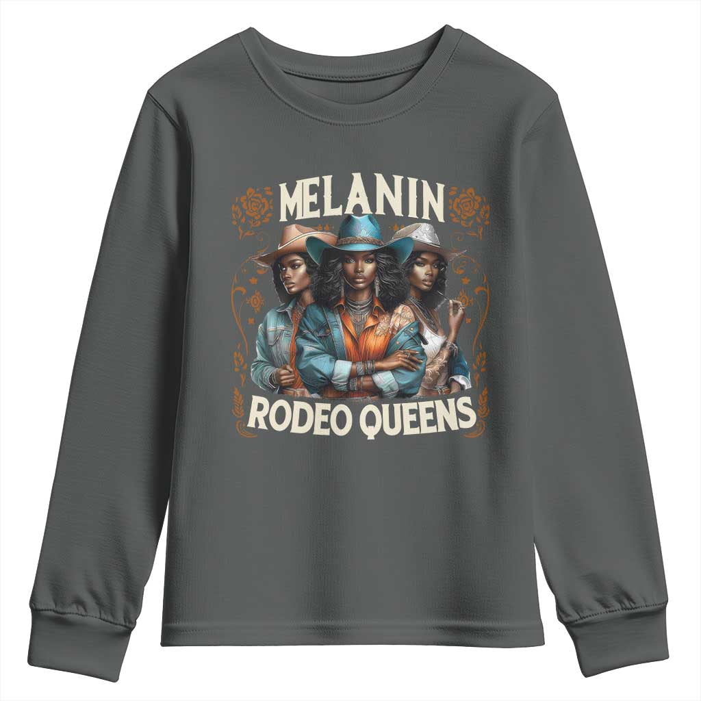 Melanin Rodeo Queen Youth Sweatshirt African American Melanin Black Cowgirl Swag TS11 Dark Heather Print Your Wear