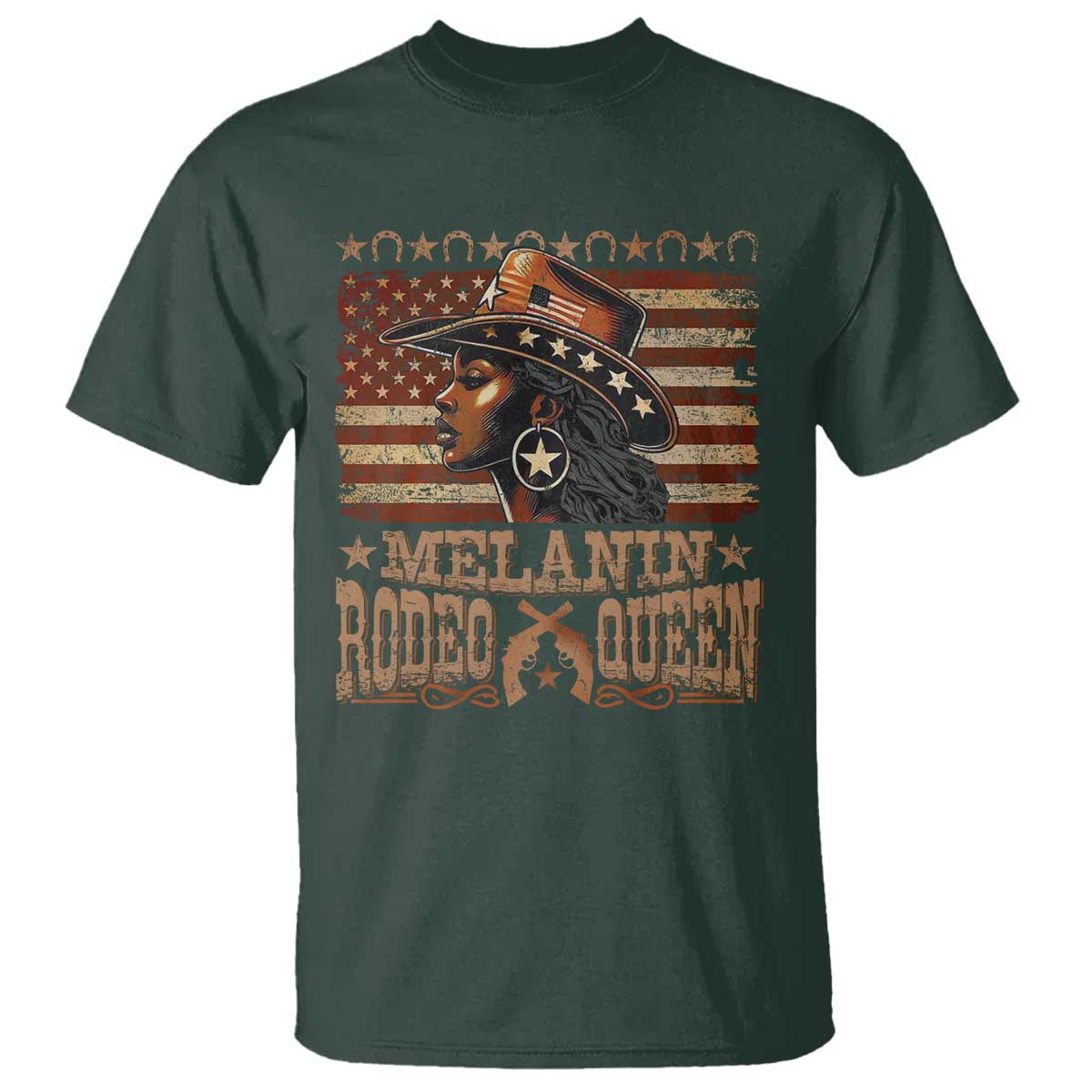Melanin Rodeo Queen T Shirt Black Cowgirl Vintage American Flag TS11 Dark Forest Green Print Your Wear
