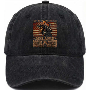 Melanin Rodeo Queen Washed Cotton Baseball Cap Black Cowgirl Vintage American Flag