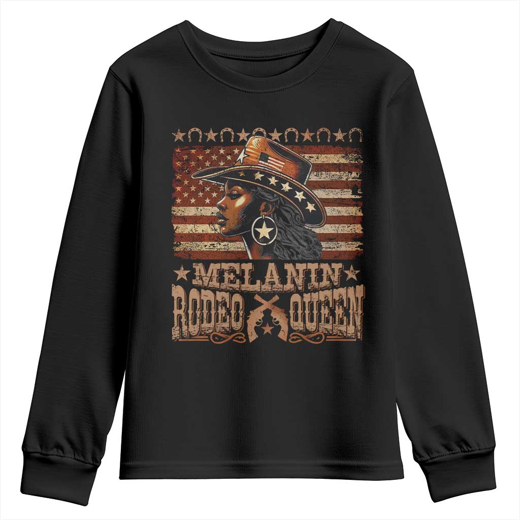 Melanin Rodeo Queen Youth Sweatshirt Black Cowgirl Vintage American Flag TS11 Black Print Your Wear