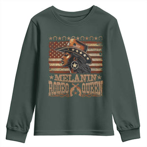Melanin Rodeo Queen Youth Sweatshirt Black Cowgirl Vintage American Flag TS11 Dark Forest Green Print Your Wear