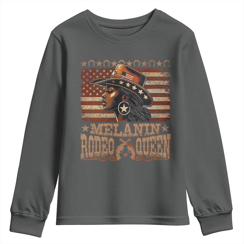 Melanin Rodeo Queen Youth Sweatshirt Black Cowgirl Vintage American Flag TS11 Dark Heather Print Your Wear