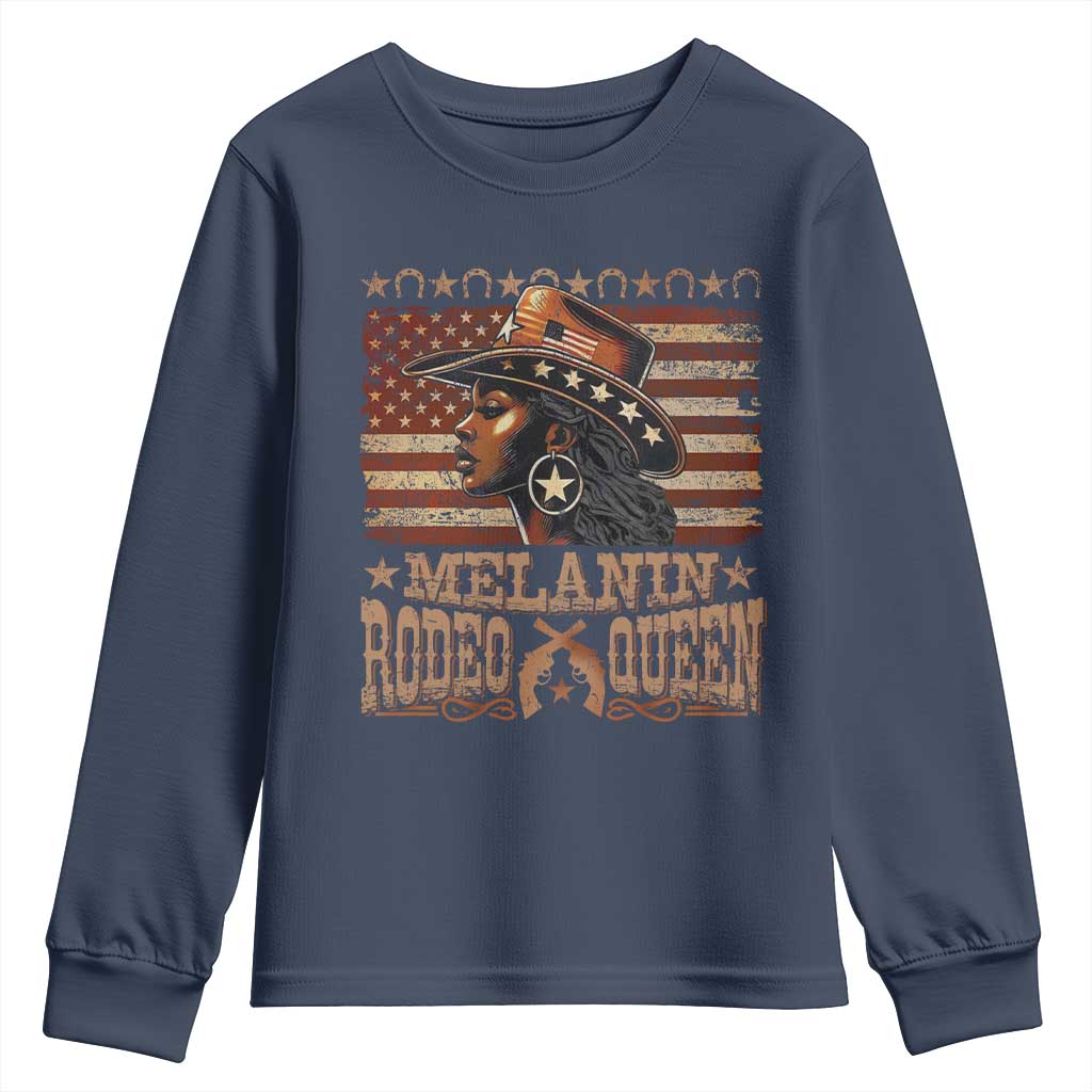Melanin Rodeo Queen Youth Sweatshirt Black Cowgirl Vintage American Flag TS11 Navy Print Your Wear
