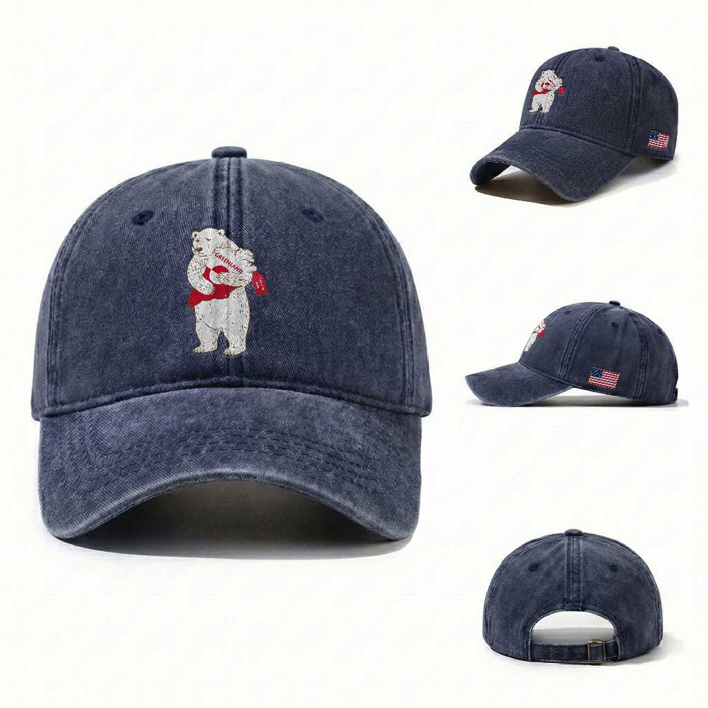 Greenland Is Not For Sale Washed Cotton Baseball Cap Greenland Bear Hug TS11 Washed Cap Universal Fit Navy Print Your Wear