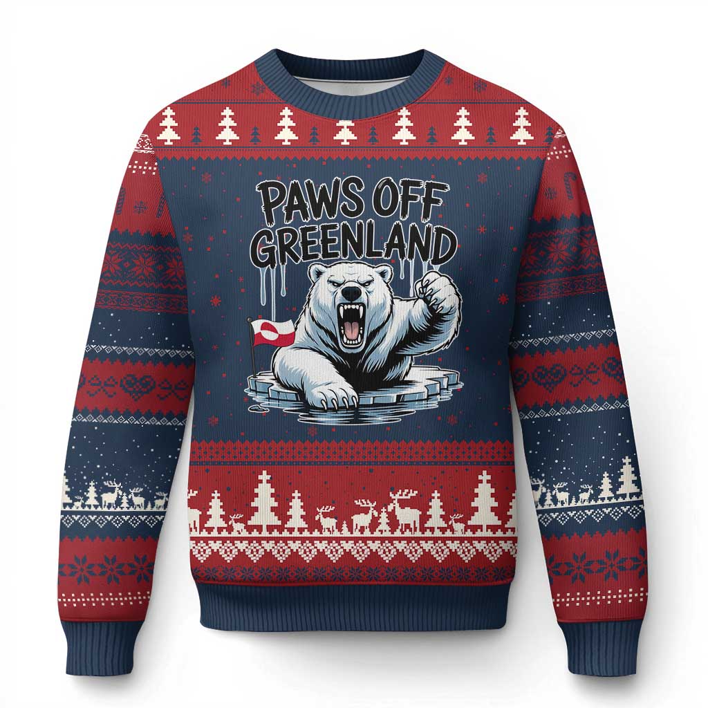 Paws Off Greenland Ugly Christmas Sweater Resist Polar Bear Political Satire TS11 Navy Red Print Your Wear