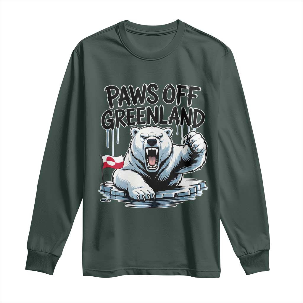 Paws Off Greenland Long Sleeve Shirt Resist Polar Bear Political Satire TS11 Dark Forest Green Print Your Wear