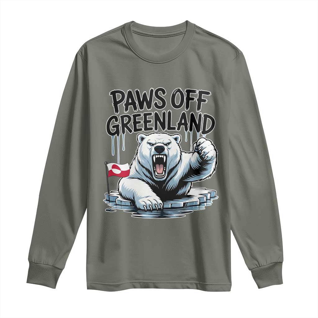 Paws Off Greenland Long Sleeve Shirt Resist Polar Bear Political Satire TS11 Military Green Print Your Wear
