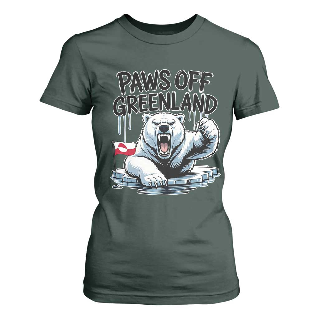 Paws Off Greenland T Shirt For Women Resist Polar Bear Political Satire TS11 Dark Forest Green Print Your Wear