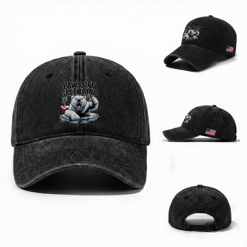 Paws Off Greenland Washed Cotton Baseball Cap Resist Polar Bear Political Satire TS11 Washed Cap Universal Fit Black Print Your Wear