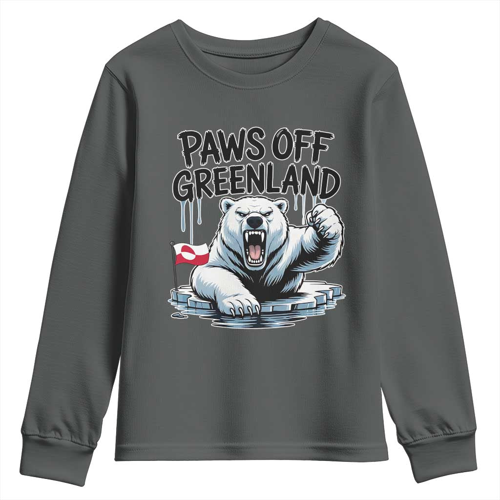 Paws Off Greenland Youth Sweatshirt Resist Polar Bear Political Satire TS11 Dark Heather Print Your Wear