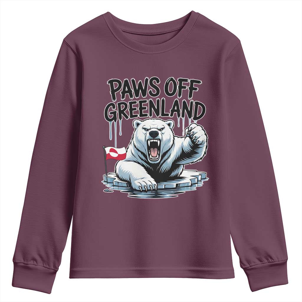 Paws Off Greenland Youth Sweatshirt Resist Polar Bear Political Satire TS11 Maroon Print Your Wear