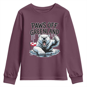 Paws Off Greenland Youth Sweatshirt Resist Polar Bear Political Satire TS11 Maroon Print Your Wear